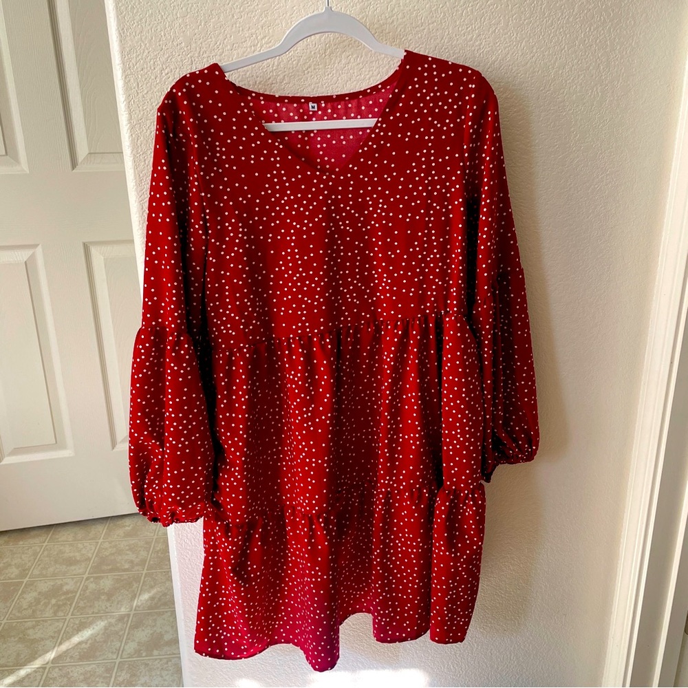 V-neck long-sleeved polka dot swing dress - M